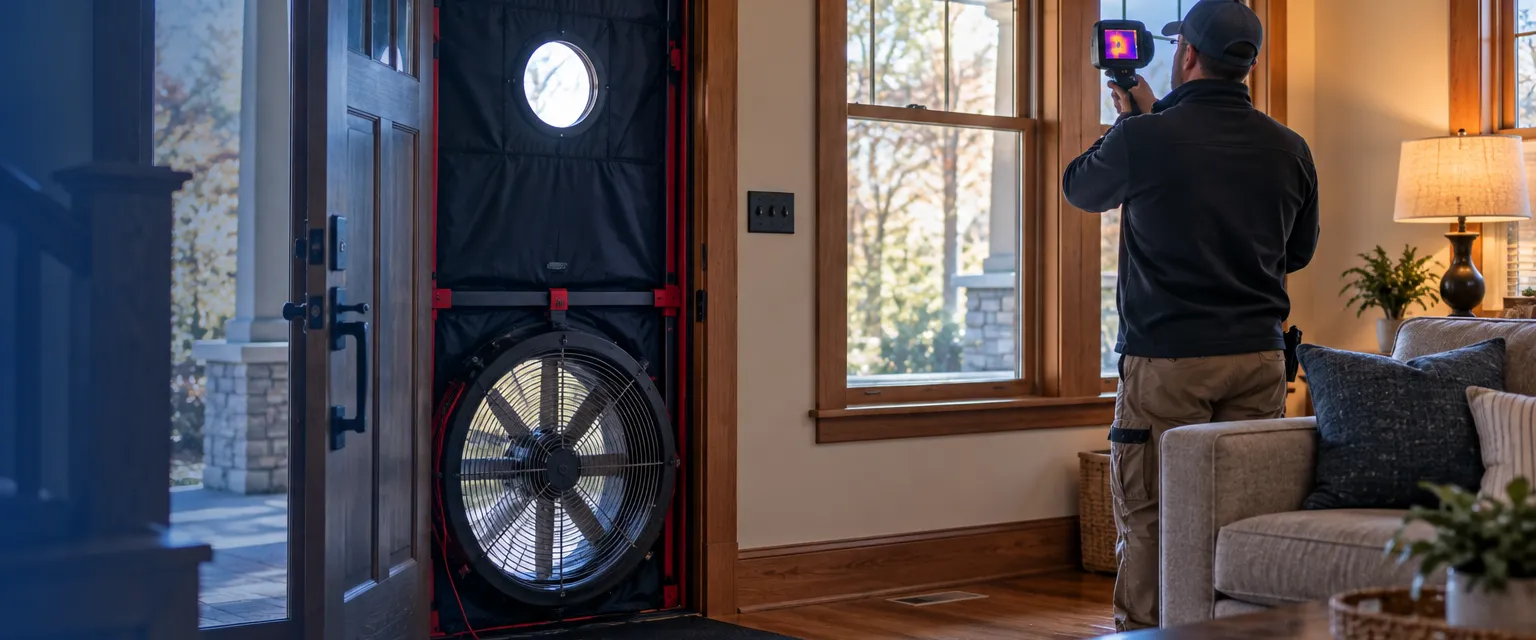 A blower door with a dark panel and round fan fitted into a craftsman home's front doorway, an auditor holding an infrared camera toward the windows