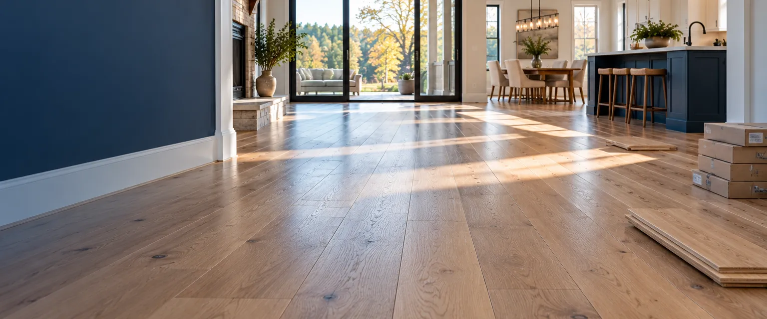 A long open-plan room with wide-plank engineered white oak running toward glass doors, a loose plank showing its layered core