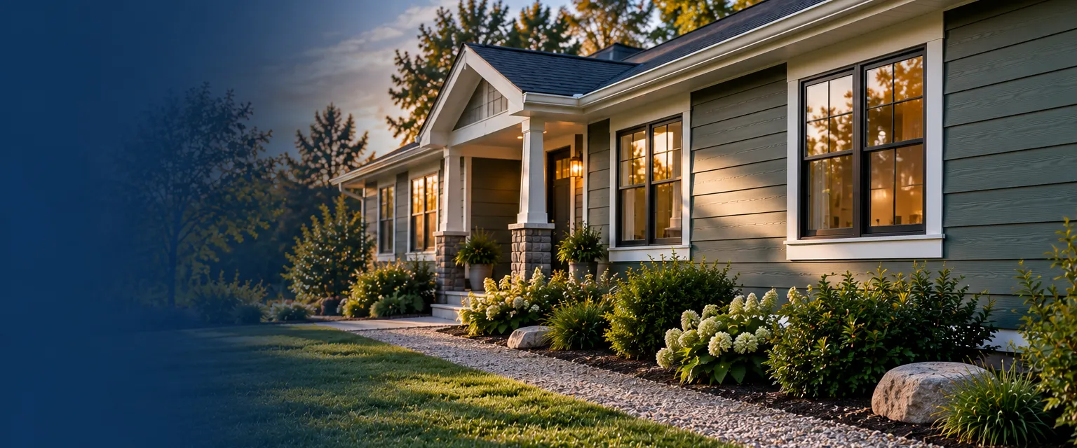 A ranch home with engineered wood lap siding in deep sage green, uniform board edges with a subtle wood-grain texture, white trim corners and a gravel path along the foundation