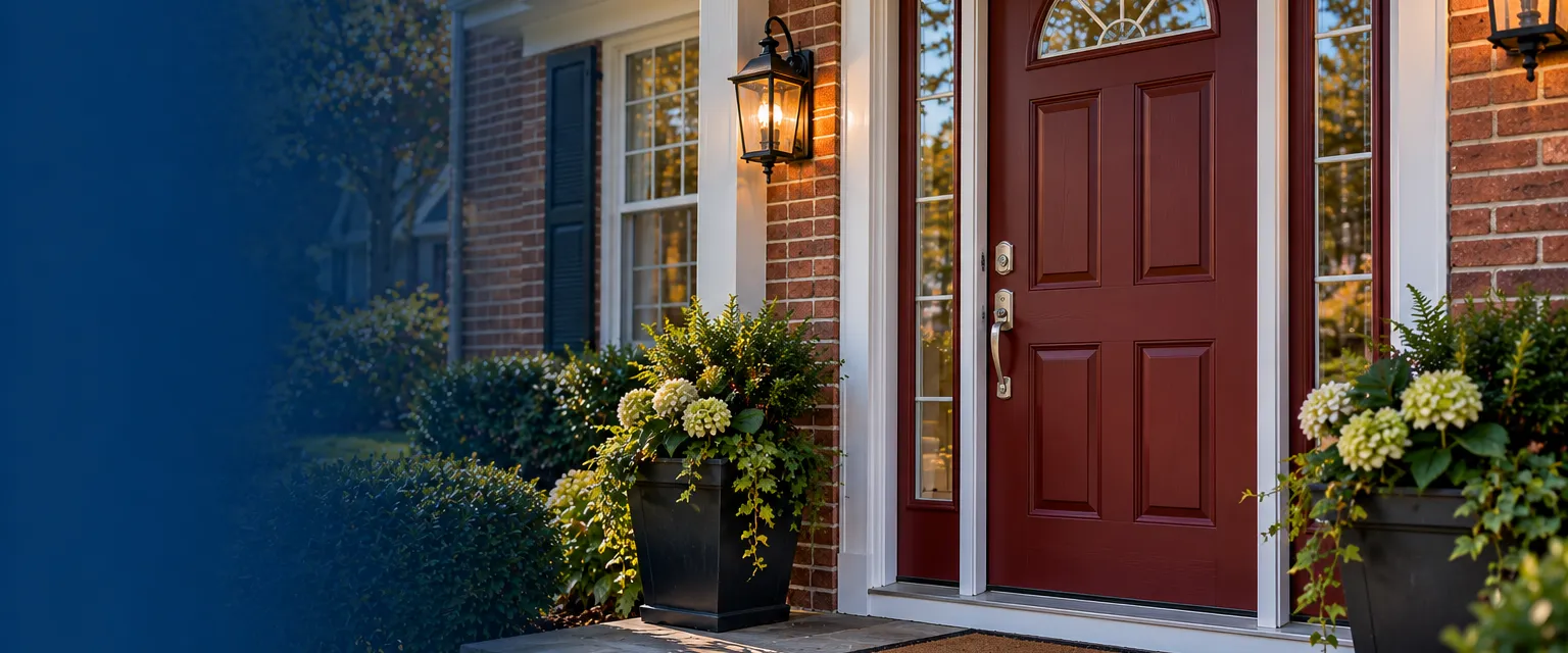 A new deep-red fiberglass entry door with a half-moon glass top and matching sidelites in a brick home, brushed nickel hardware, white trim and a fresh threshold, potted plants on the stoop