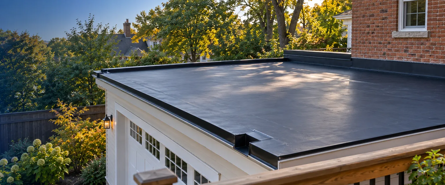 A low-slope roof over a rear garage addition covered in smooth black EPDM rubber membrane, terminated at a metal drip edge and a scupper, trees and a brick wall behind
