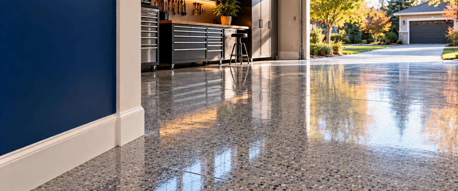 A two-car garage with a freshly cured gray epoxy floor flecked with color chips, tool cabinets along the back wall and the door open