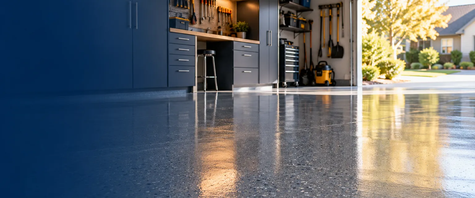 A clean two-car garage with a glossy slate-gray epoxy floor flecked with color, organized cabinets along the walls and the door open