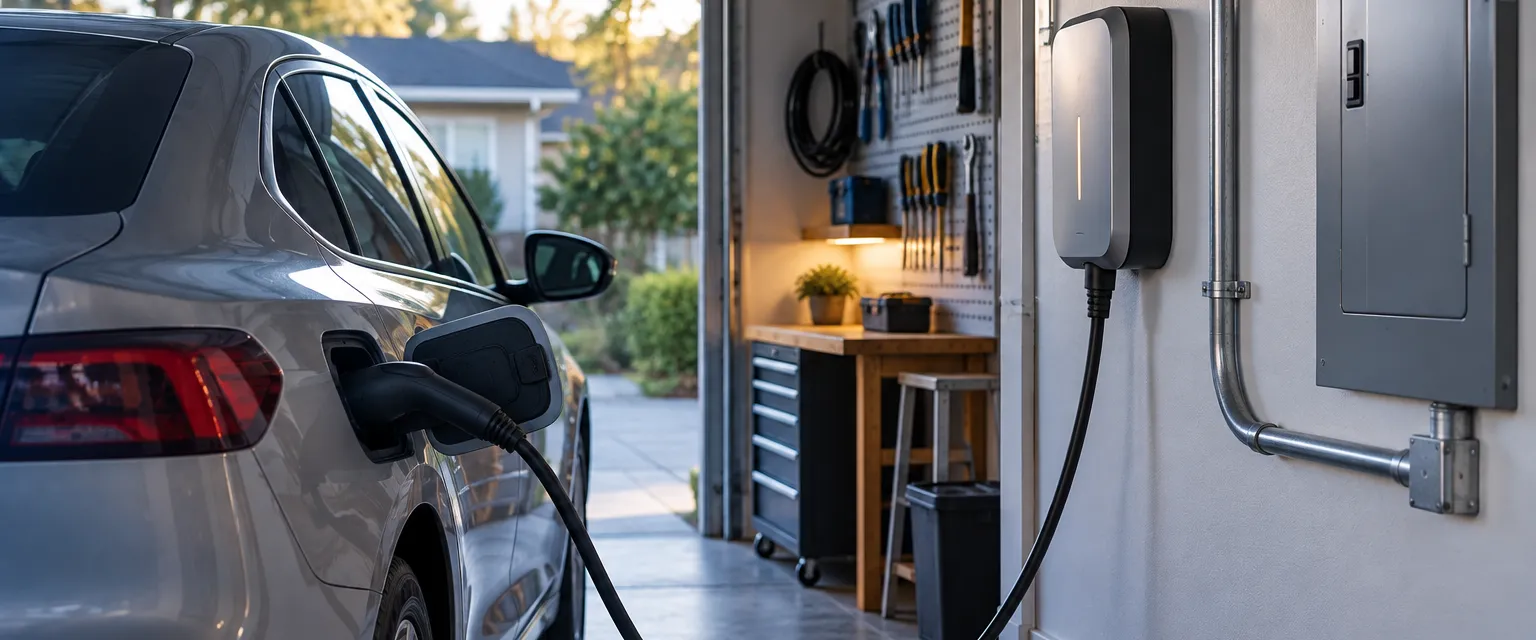 A wall-mounted EV charger in a clean, well-lit ranch-house garage, its cable plugged into a plain silver compact car and conduit running neatly toward the panel