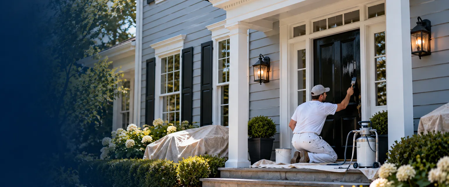 A two-story colonial with fresh gray siding and white trim, a painter brushing the front door glossy black from the porch