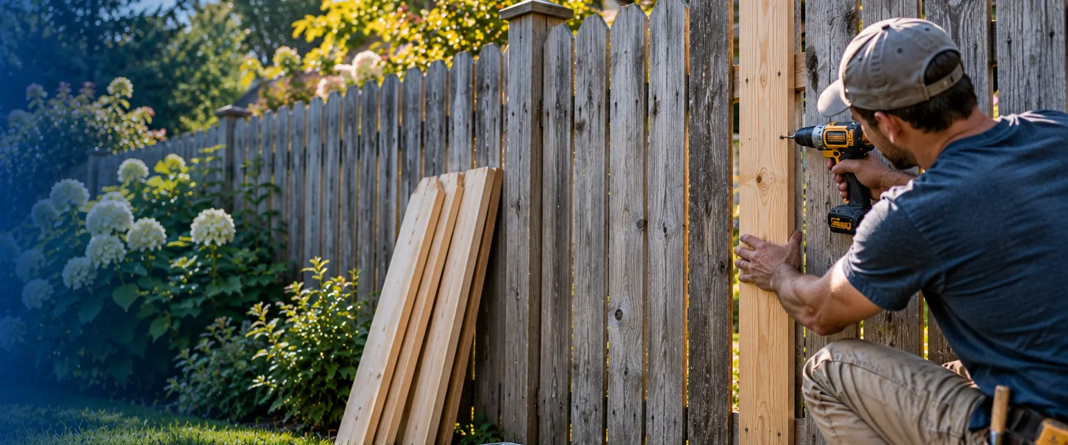 A worker seen from the side replacing a single weathered picket with a fresh pale board in a gray cedar fence, galvanized screws and spare boards stacked on the grass