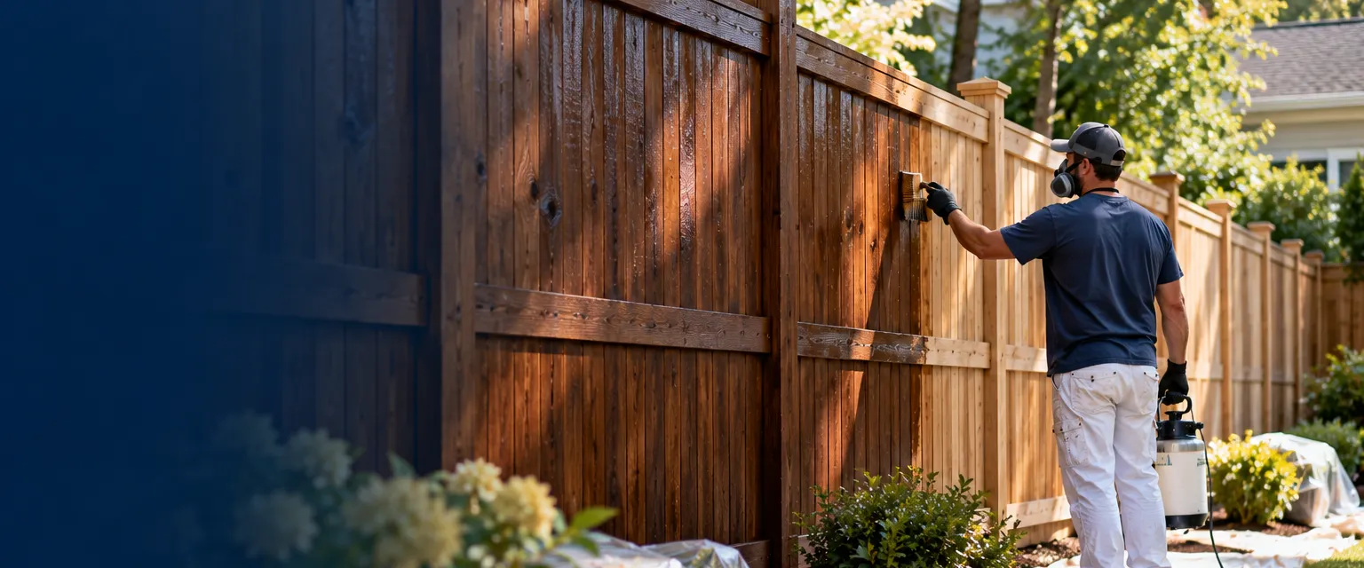 A long wooden privacy fence freshly stained deep brown, a worker in a respirator finishing the next panel with a sprayer and brush
