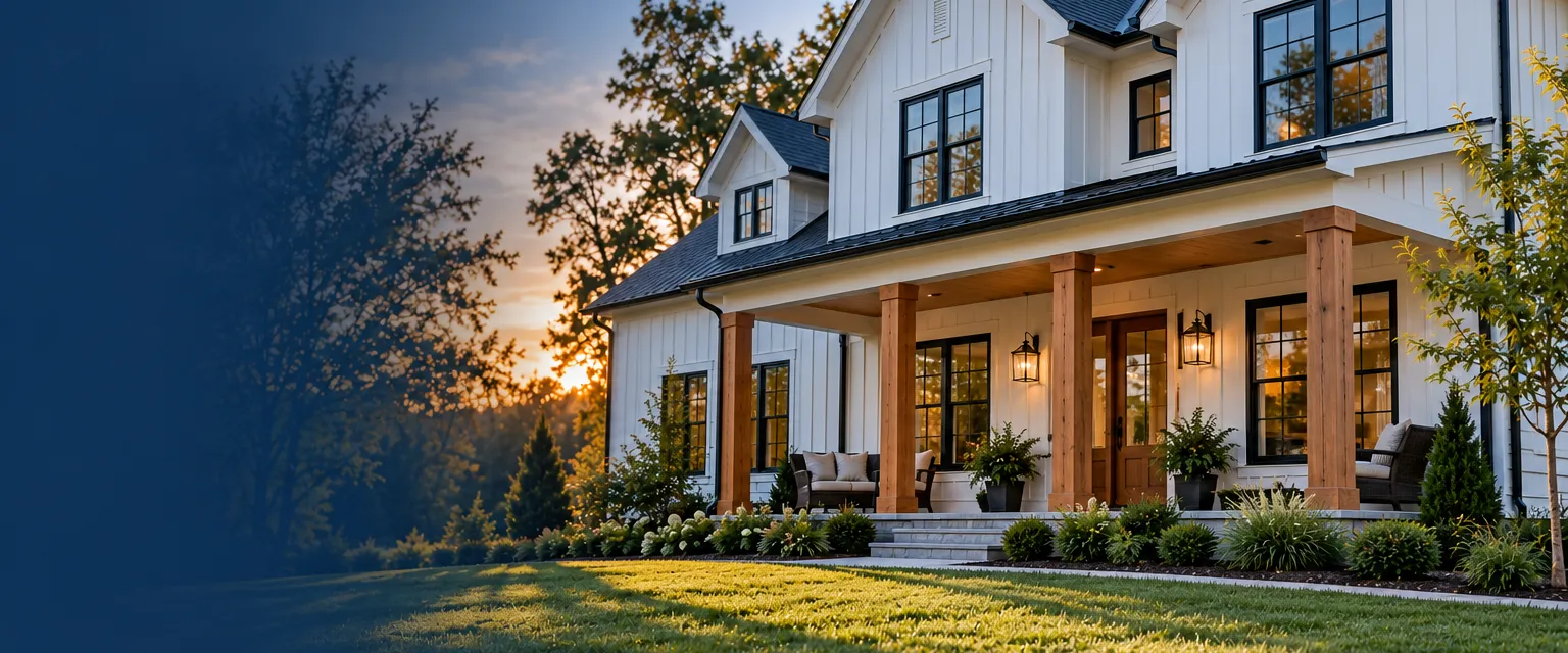 A modern farmhouse with white fiber cement board-and-batten siding, black window frames and a covered porch with natural wood posts in late-afternoon light