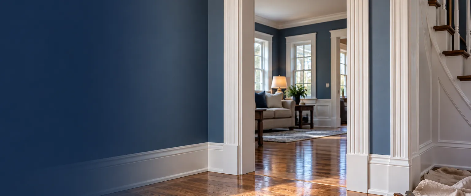 A freshly finished doorway in a colonial hallway with crisp white casing, a fluted header and matching baseboard meeting the oak floor