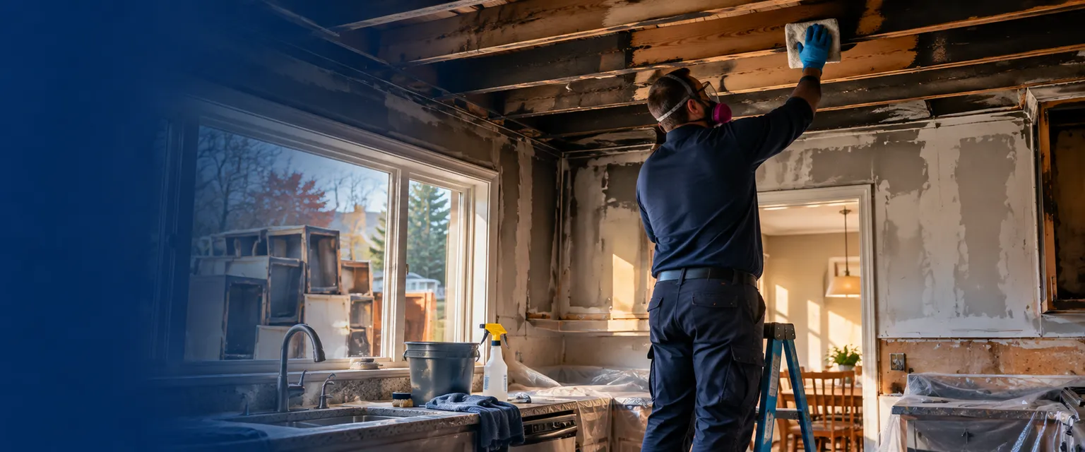 A technician in a respirator wiping soot from ceiling joists in a kitchen with scrubbed walls