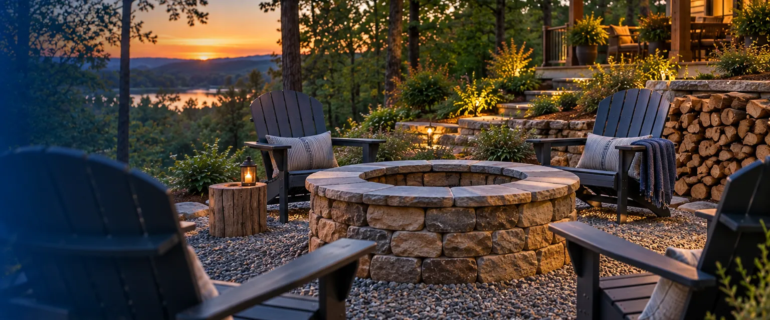 A round natural stone fire pit, unlit, centered on a gravel circle with four Adirondack chairs and a stack of split firewood, a wooded backyard at dusk with a soft porch light