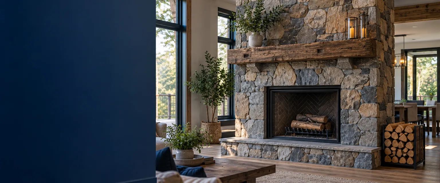 A newly built wood-burning fireplace with a floor-to-ceiling fieldstone surround and a reclaimed timber mantel, split logs stacked by the hearth