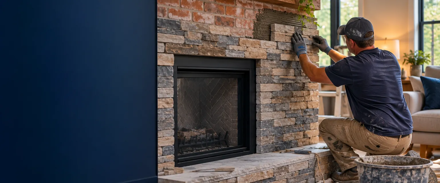 A mason in gloves pressing a stacked ledgestone veneer piece onto a dated brick fireplace, the lower half covered, drop cloths over the hearth