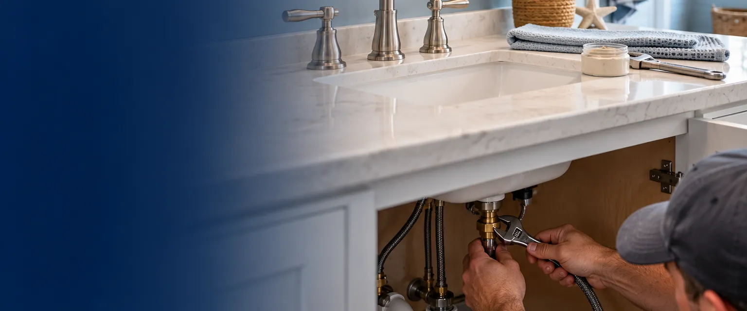 A new brushed-nickel widespread faucet on a white quartz vanity, a plumber's hands tightening the supply connection from below the open cabinet door, a wrench and plumber's putty resting on a towel