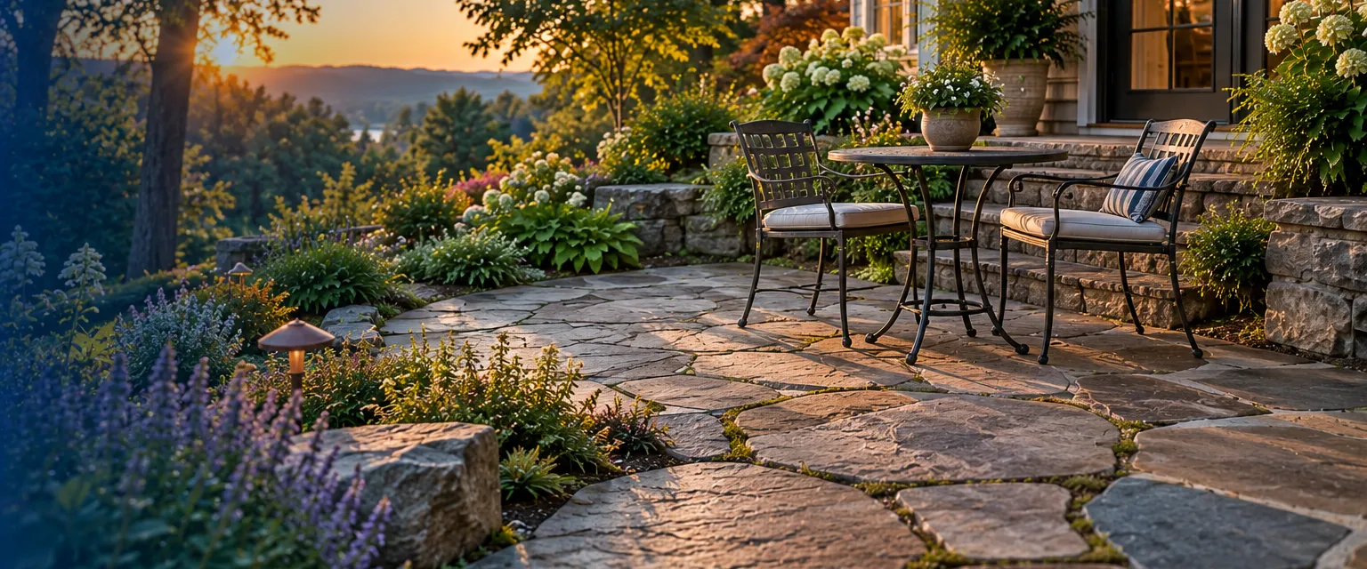 An irregular natural flagstone patio in browns and blues with moss-softened joints set into a sloping cottage garden, a small bistro table and chairs, perennials spilling onto the stone edges