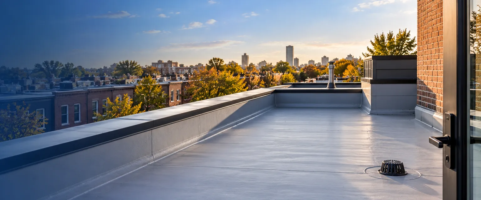 A newly finished flat roof on a modern urban rowhouse seen from the access door, smooth light-gray membrane, parapet with metal coping and a rooftop drain