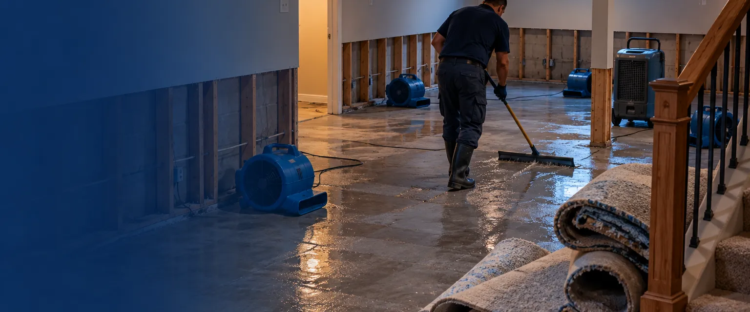 A technician squeegeeing a bare basement floor after floodwater was pumped out, wet carpet rolled by the stairs