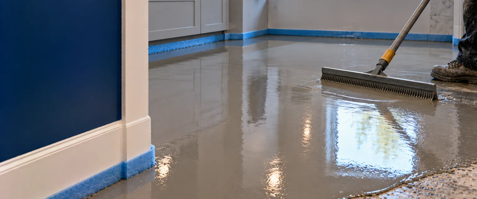 A gray self-leveling underlayment pour spreading smooth across a bathroom floor, a gloved hand guiding a gauge rake