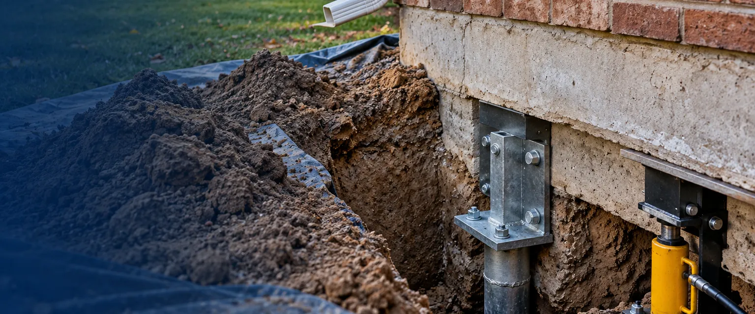 A shallow excavation along a brick house foundation exposing a new steel pier bracket bolted to the footing, the steel pipe disappearing into the soil and a hydraulic jack set beside it