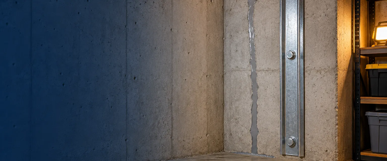 A poured concrete basement corner where a vertical crack has been sealed with a smooth gray repair line and a steel wall brace is bolted in place under a bright work light
