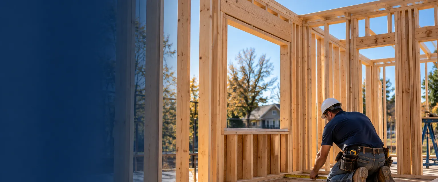 Inside a new addition under a clear sky, rows of fresh wall studs and a doubled header over a window opening, a carpenter in a hard hat measuring