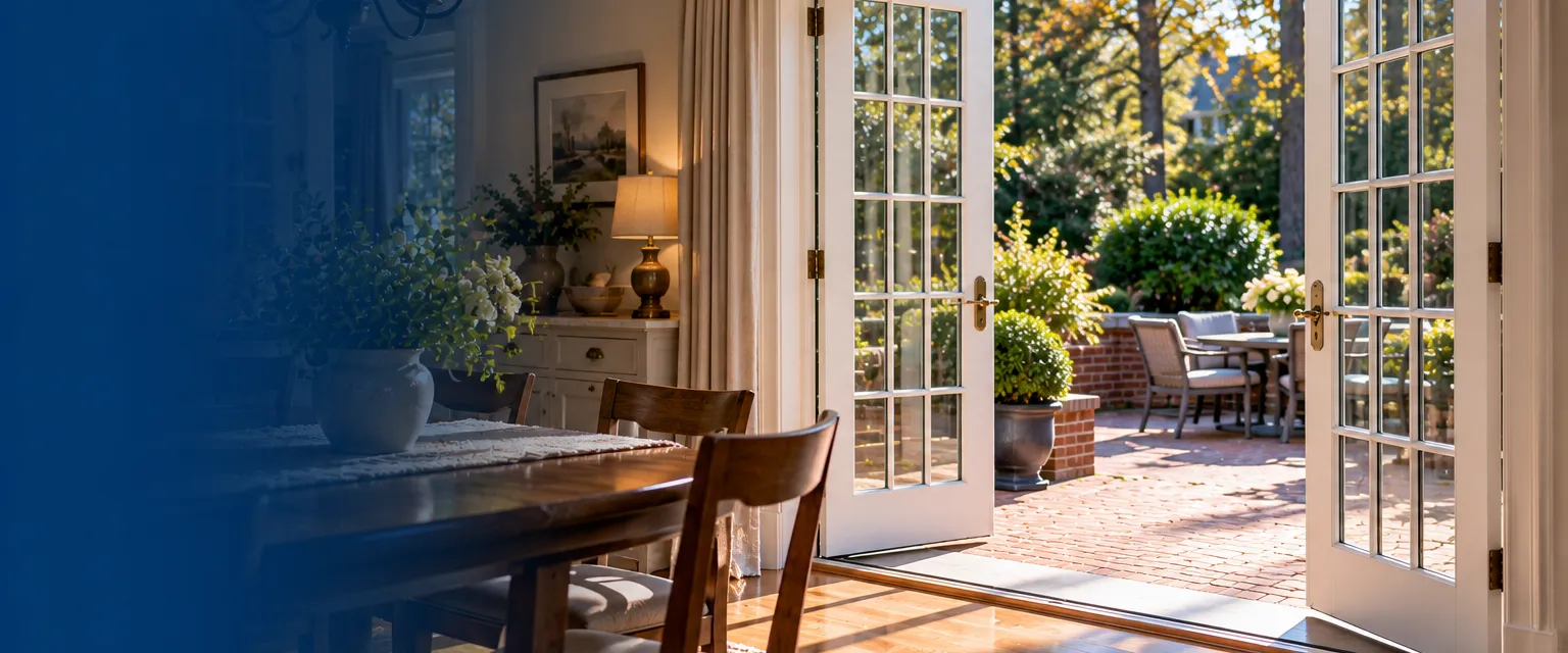 A pair of white French doors with divided glass panes open from a traditional dining room onto a brick terrace, brass lever handles and fresh trim, afternoon light on the wood floor