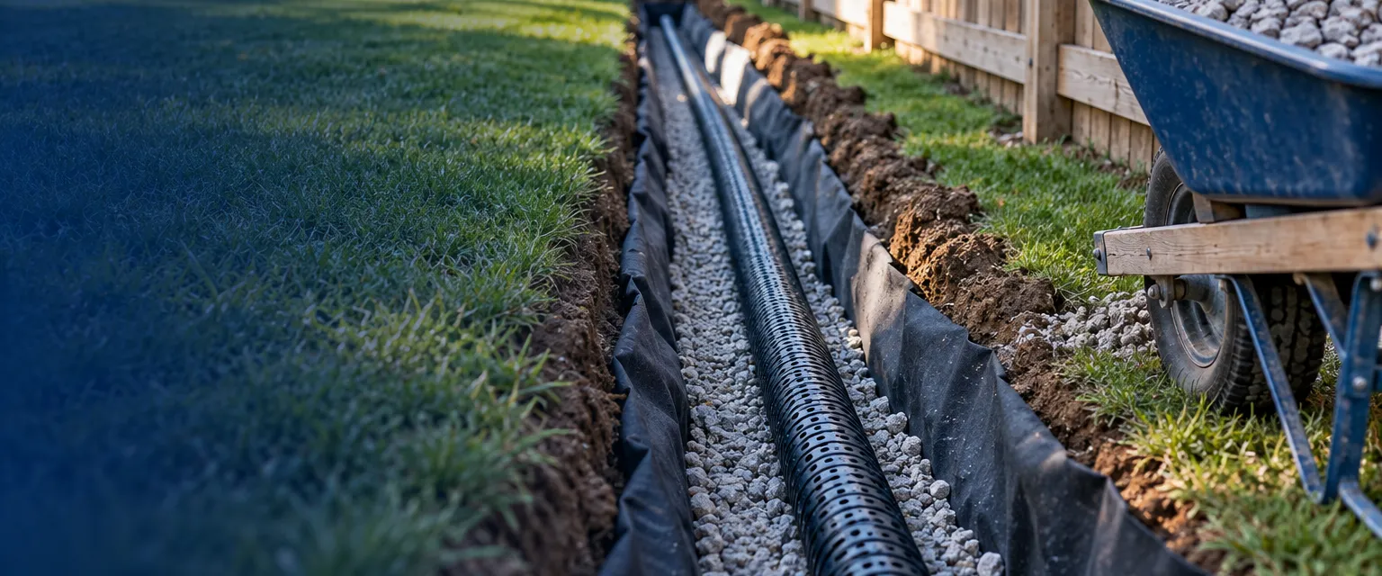 A narrow trench along a backyard fence lined with landscape fabric, perforated black drain pipe laid on a bed of washed gravel, more gravel ready in a wheelbarrow and green lawn on each side