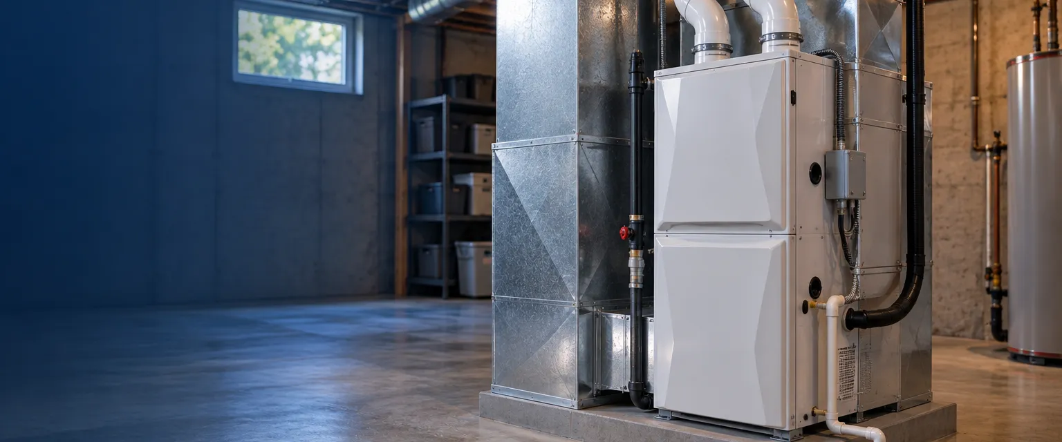 A brand-new white furnace on a raised platform in an unfinished basement, with a new sheet metal supply plenum, two white PVC flue pipes and a condensate line running to a floor drain