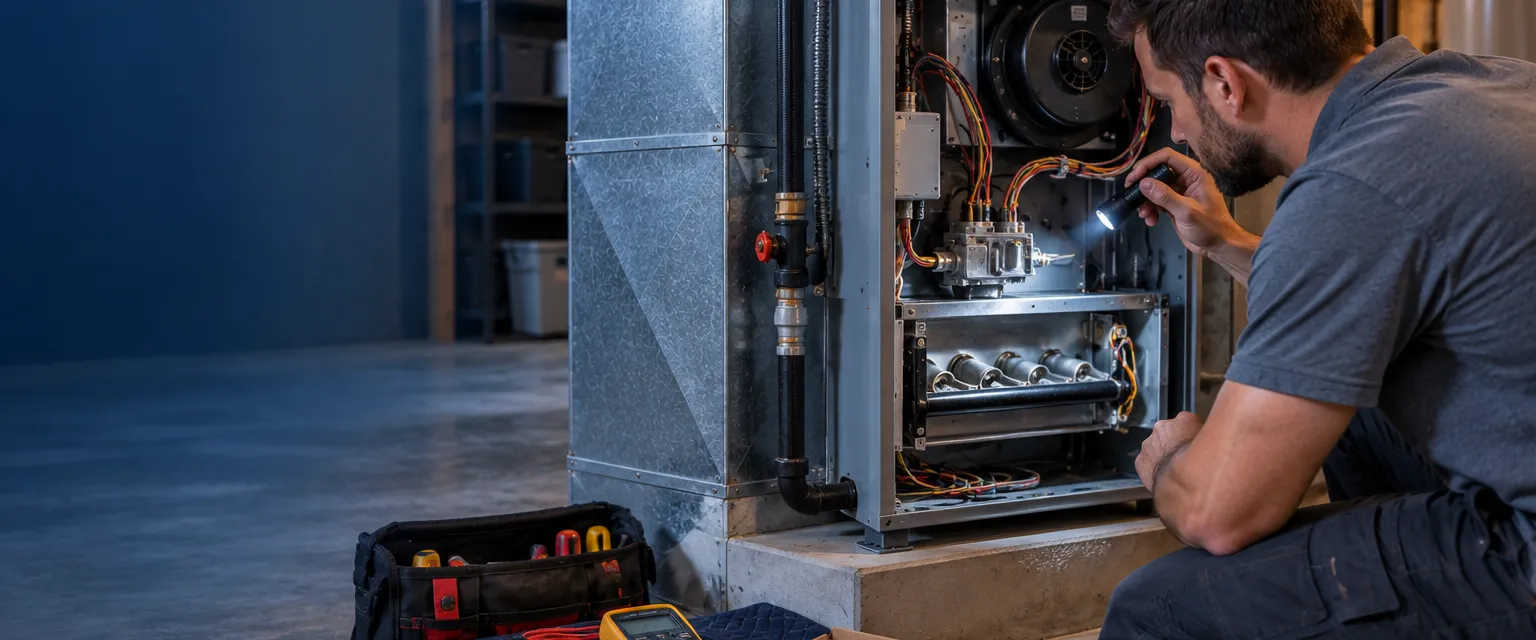 A technician with a flashlight inspecting the open burner compartment of a basement furnace with its power switched off, a multimeter and a replacement igniter in its box on a folded mat beside him