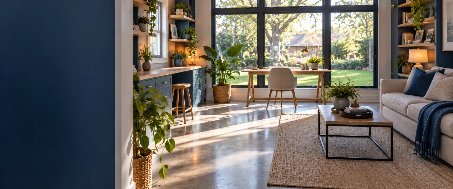 A former one-car garage turned into a bright studio with a wall of windows where the door was and a polished concrete floor