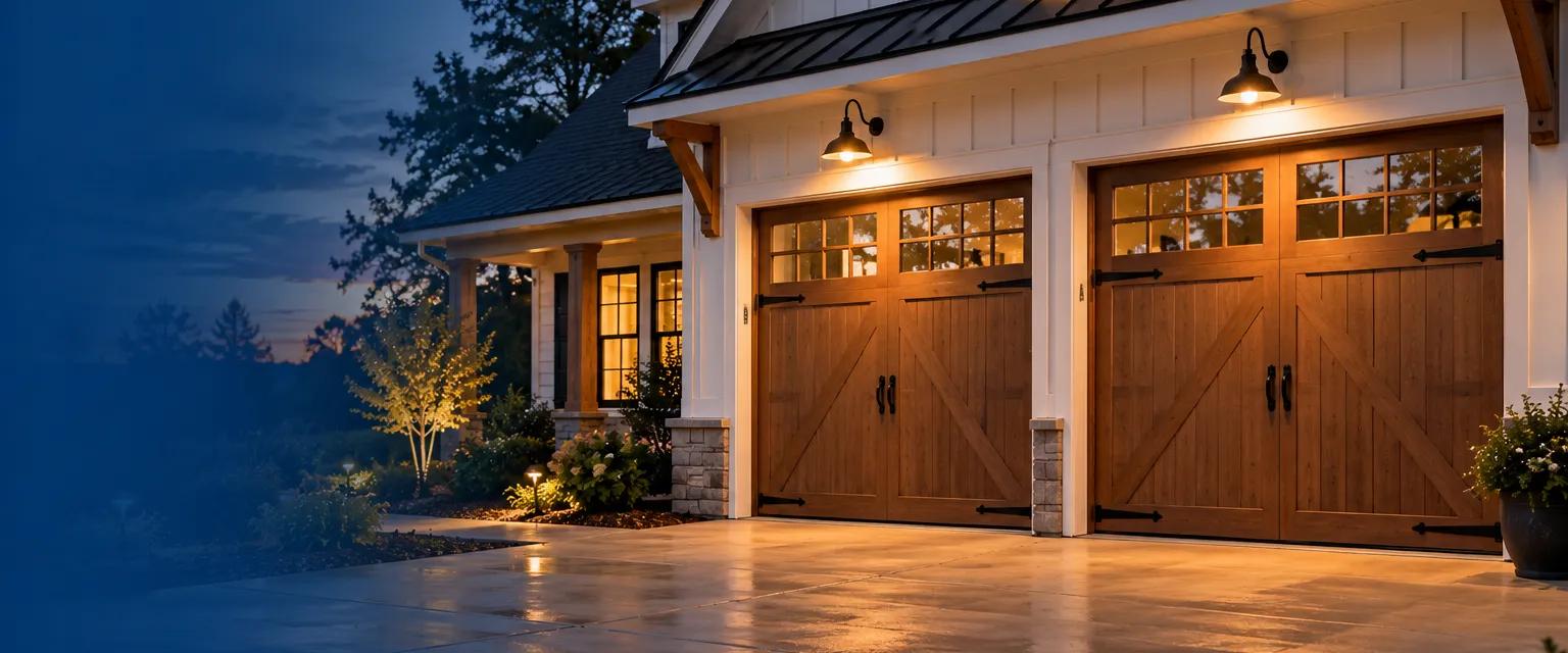 A two-car garage on a modern farmhouse with a new carriage-style garage door in a warm wood-look finish, a row of glass windows across the top and black strap hinges, a concrete driveway at dusk