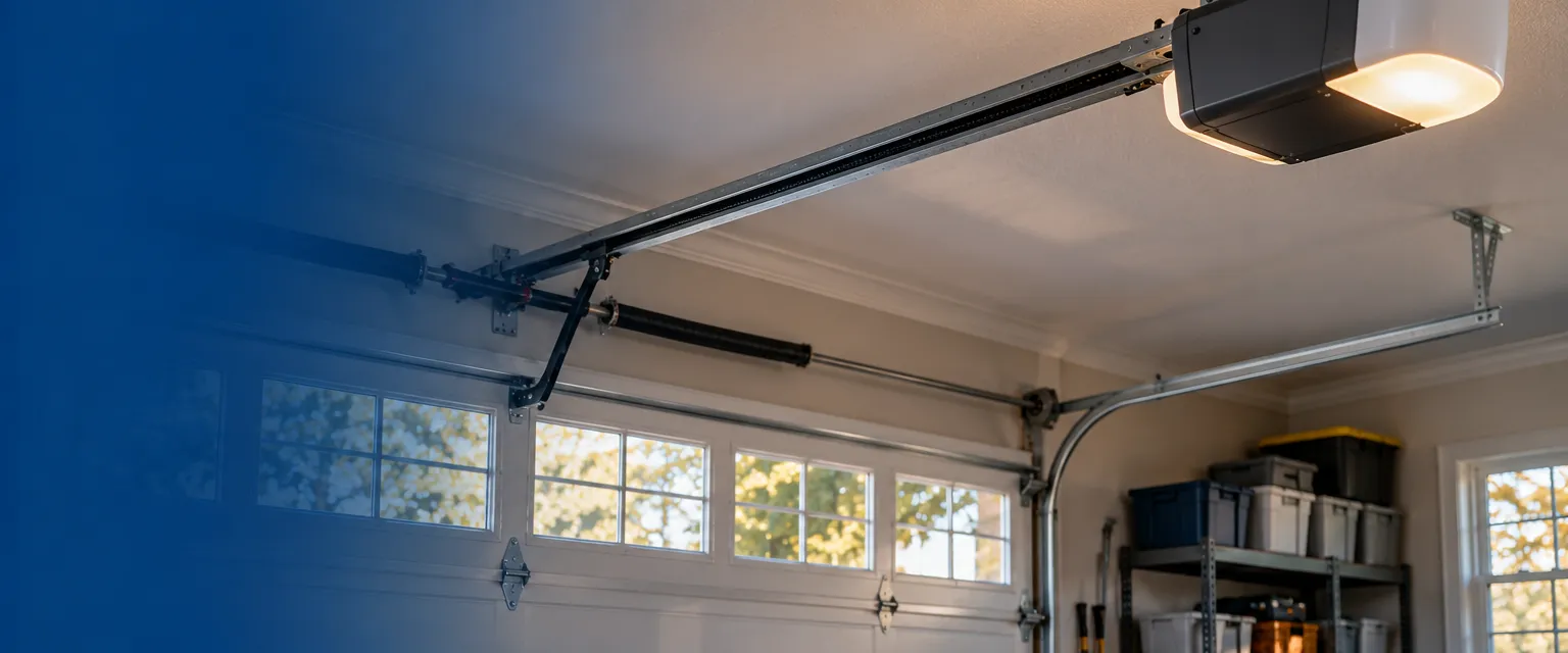 Interior upward view of a clean garage ceiling with a new belt-drive opener mounted on a steel rail running to a white sectional door, a mounted light glowing and storage shelves along the wall