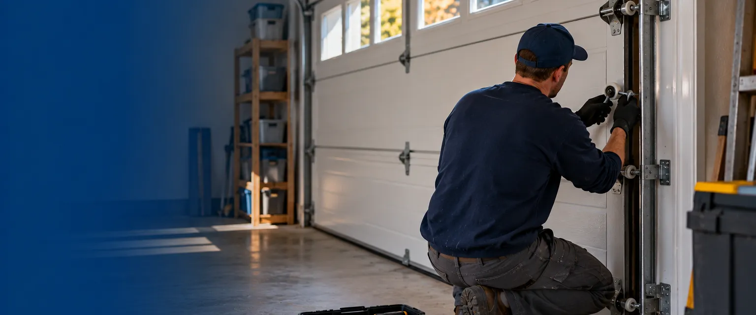 Inside a tidy garage, a technician in work clothes and gloves inspects the side track and rollers of a white sectional door with the door closed and a new roller in hand, a tool case open on the floor