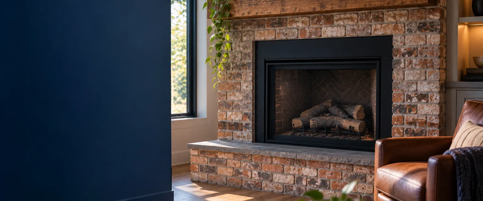 An unlit gas fireplace insert with a black glass front and ceramic logs fitted into an older brick firebox, a matte black surround and a reading chair