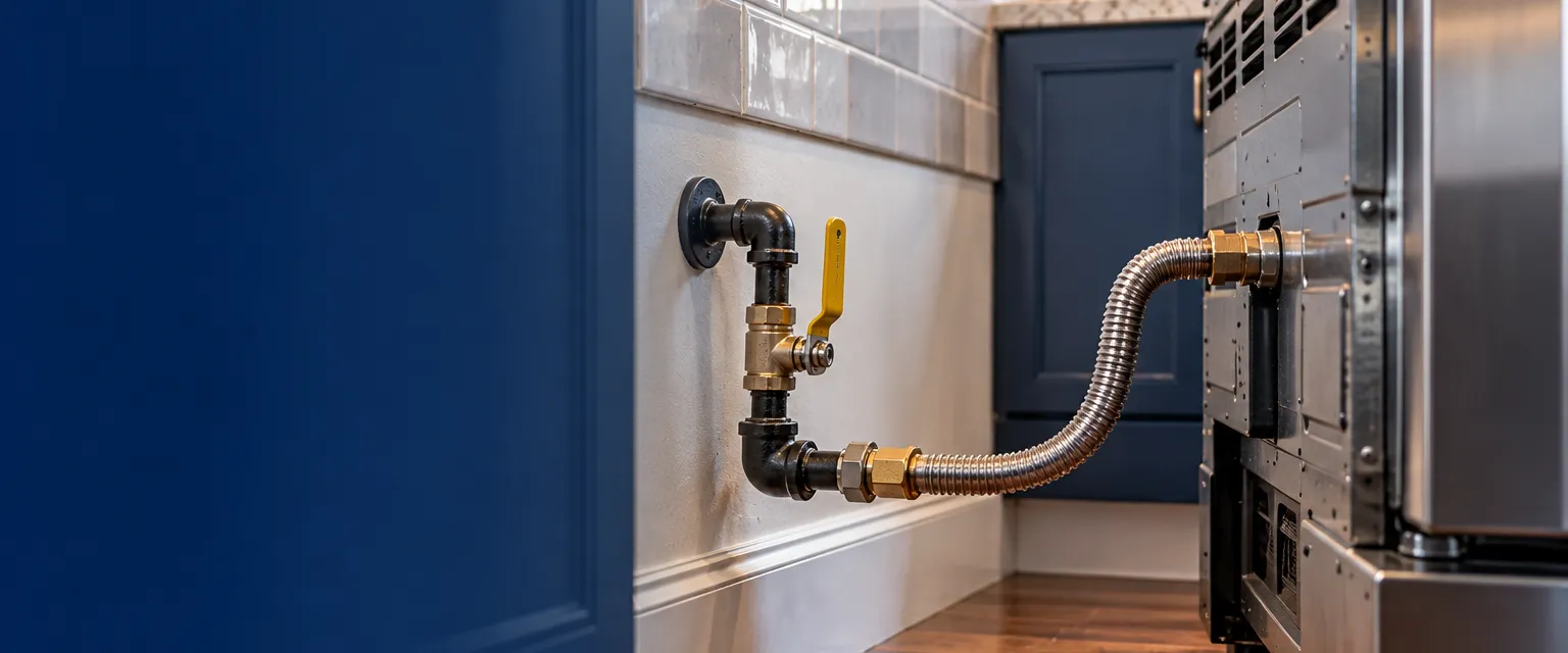 The finished gas connection behind a newly installed range pulled out from the wall: black iron pipe with a yellow-handled shutoff valve and a coiled stainless flex connector, tile backsplash above