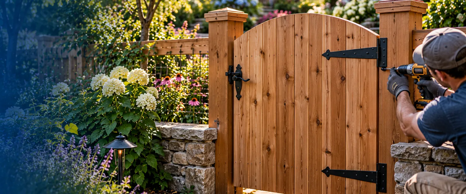 A new arched cedar garden gate with black strap hinges and a thumb latch between two posts in a stone-edged path, a worker's gloved hands adjusting the hinge with a drill