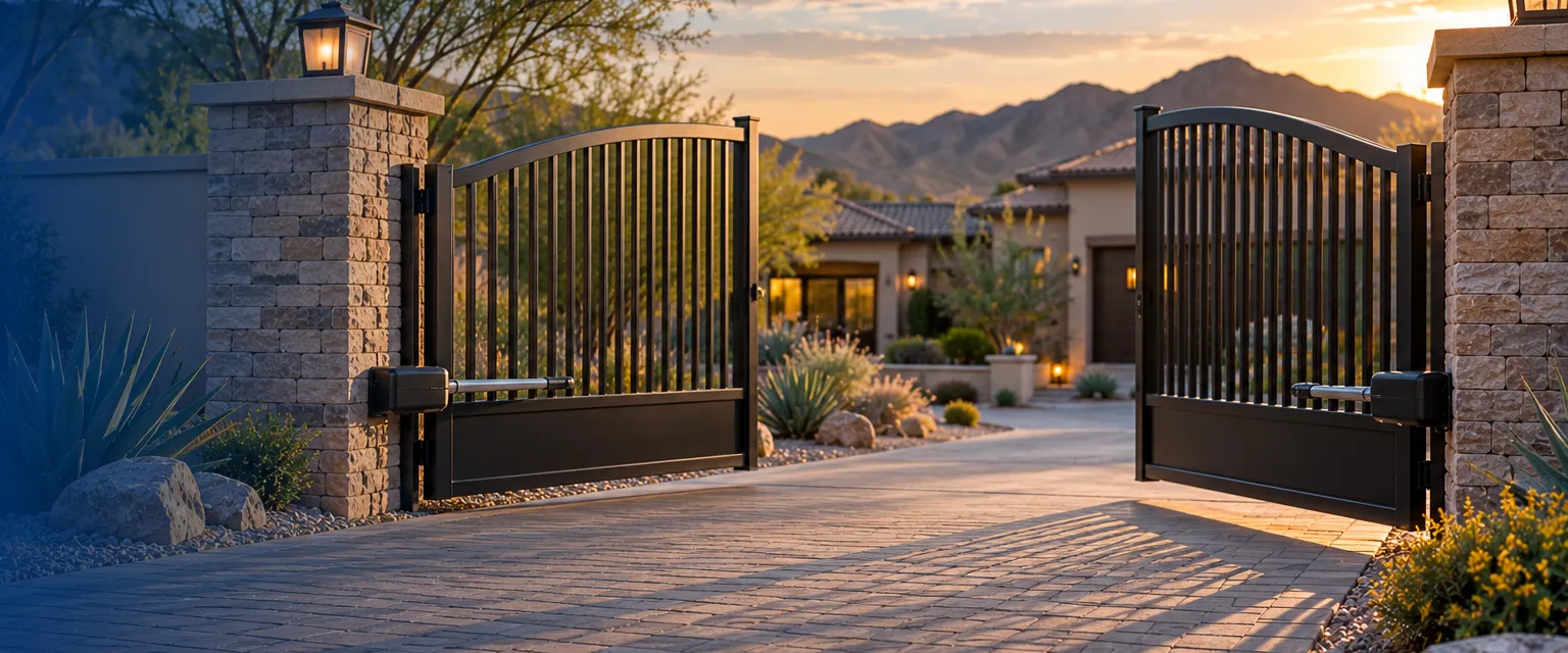 A wide black steel double driveway gate swinging open on a long paved drive in front of a stucco home, a compact arm opener mounted on the brick pillar