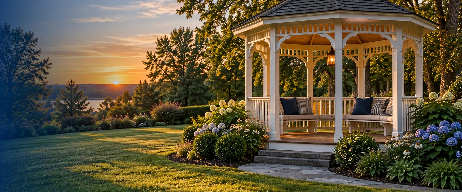 An octagonal white wooden gazebo with a shingled cupola roof and built-in benches at the edge of a broad lawn, flower beds around its base and mature trees behind in evening light