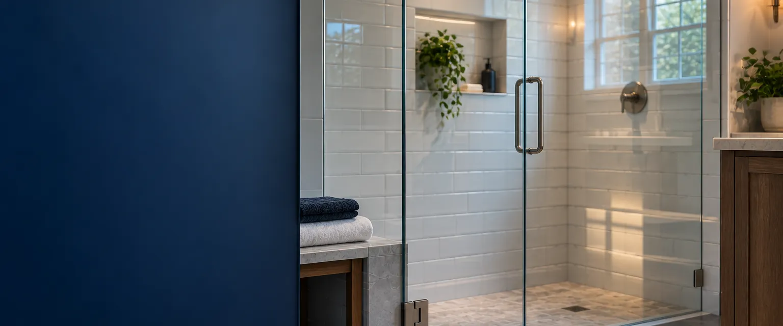 A frameless clear glass shower door and fixed panel with brushed nickel hinges and a slim pull handle, subway tile reflected behind