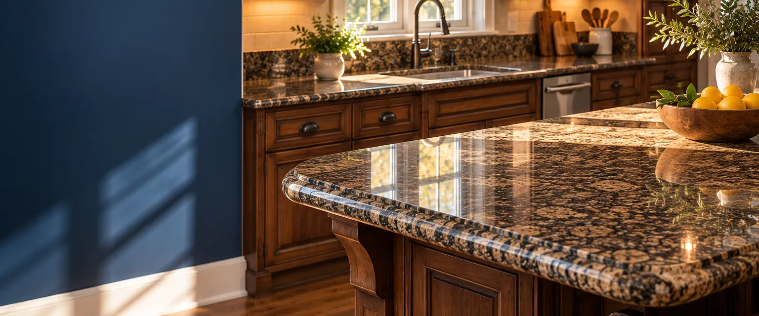 A traditional kitchen with polished speckled granite counters in browns and golds, a bullnose edge, an undermount sink and a fruit bowl
