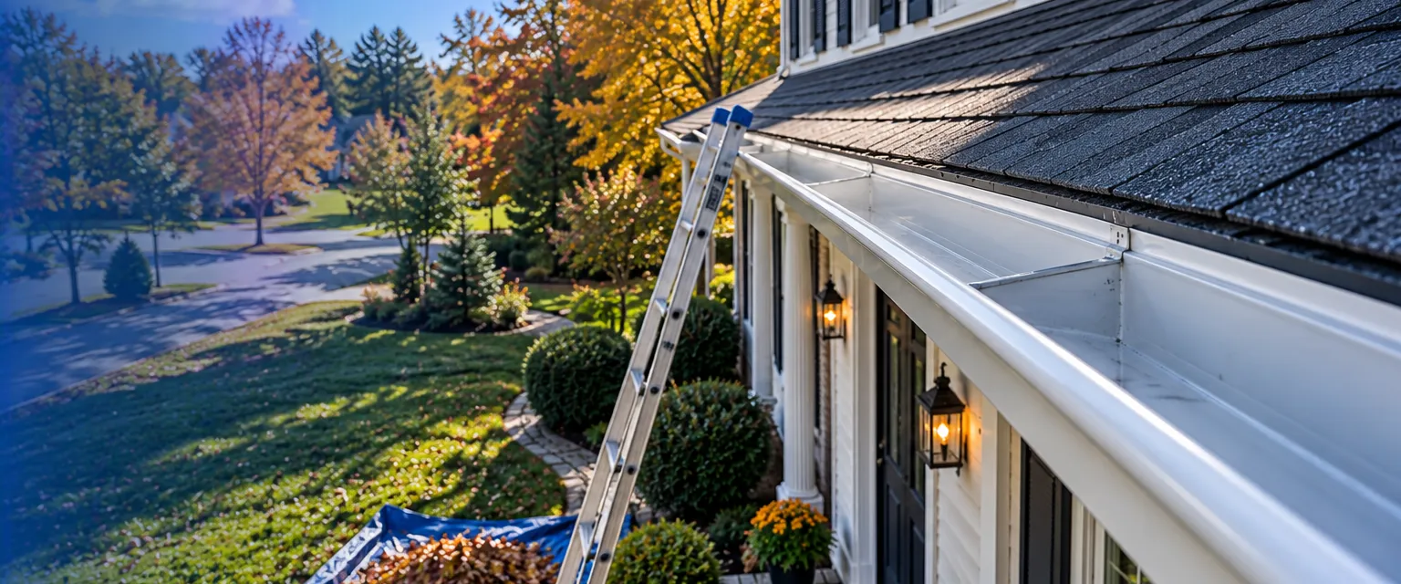A freshly cleaned white gutter along a two-story colonial, the channel clear, a tidy pile of leaves on a tarp on the lawn and a ladder with a stabilizer against the eave