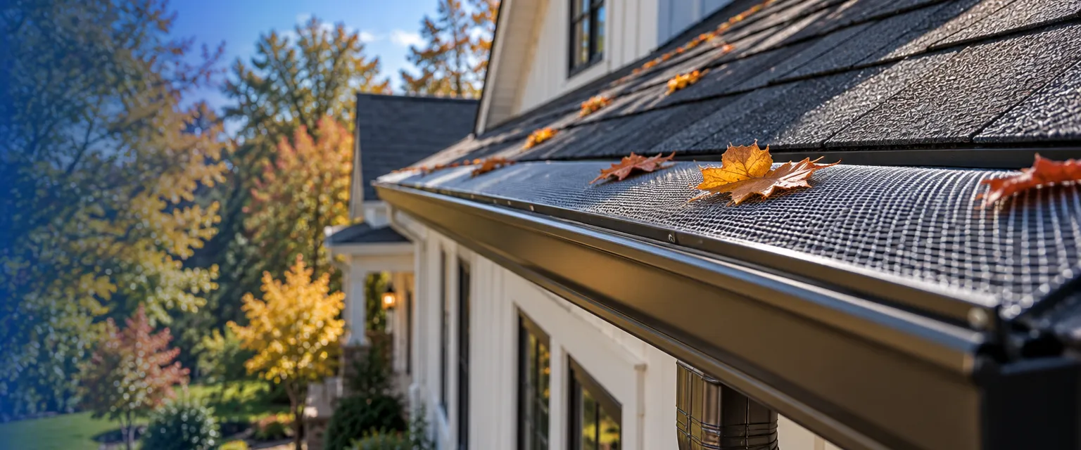 A dark bronze gutter fitted with fine stainless micro-mesh guards on a modern farmhouse, a few fallen leaves resting on top while the channel below stays clear