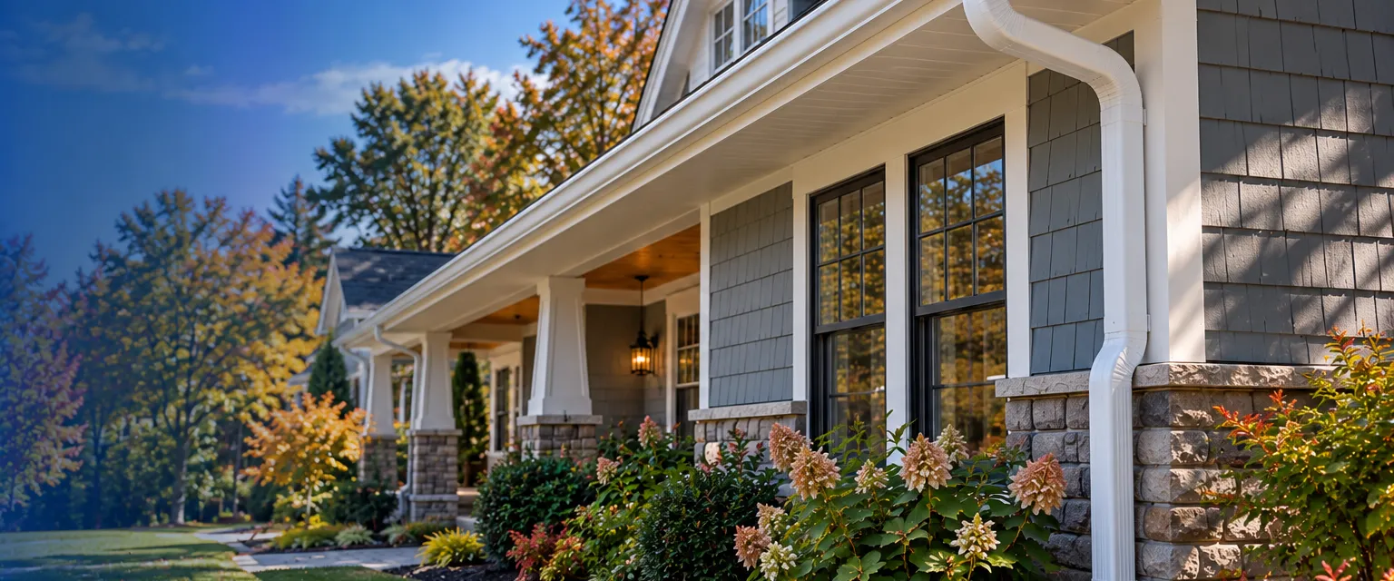 A crisp white seamless K-style gutter along a craftsman home's eave with evenly spaced hidden hangers, a new downspout to a splash block in a mulched bed
