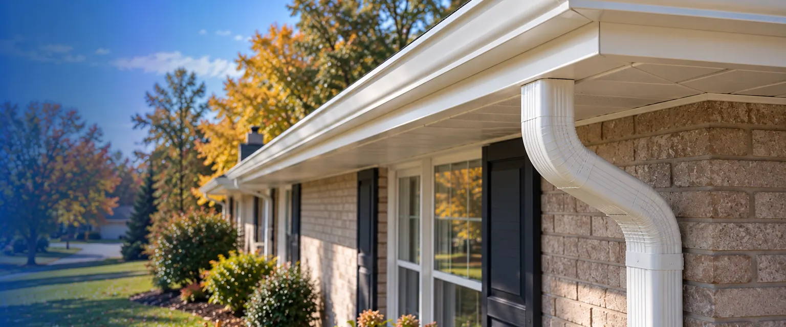 A white gutter section rehung with new hidden hangers and resealed at a clean corner miter along the eave of a ranch home, a fresh downspout elbow below and a tool bucket on the lawn
