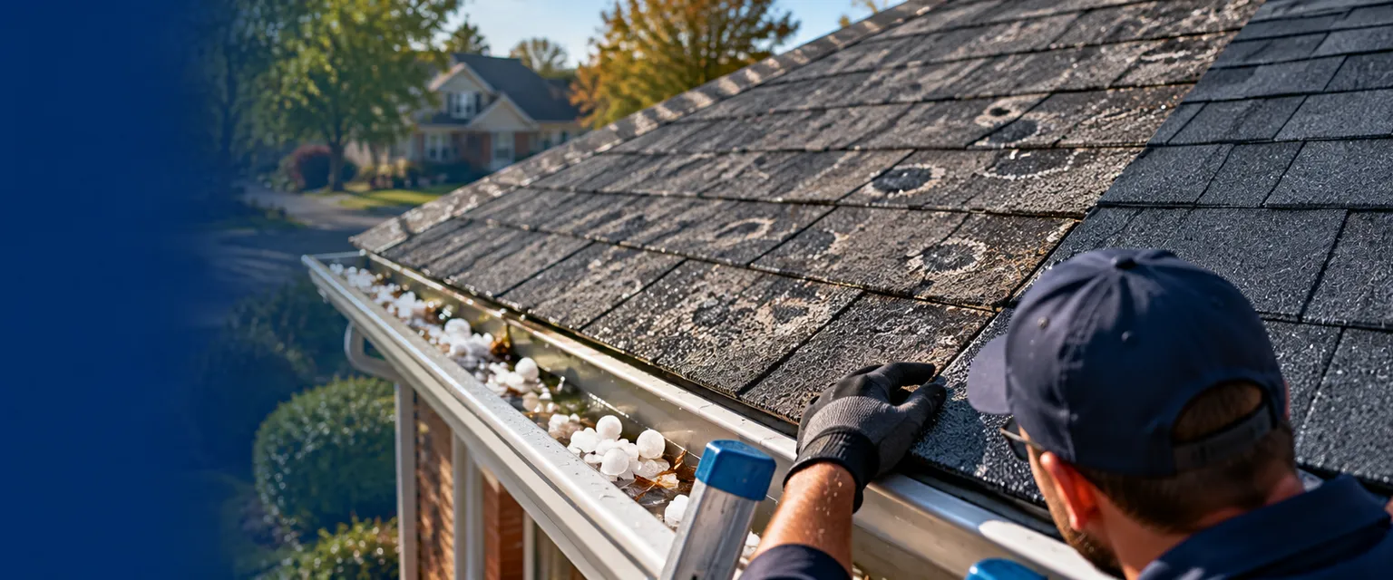 A roof edge seen from a staged ladder, half the shingles showing round hail bruises and new shingles laid beside them