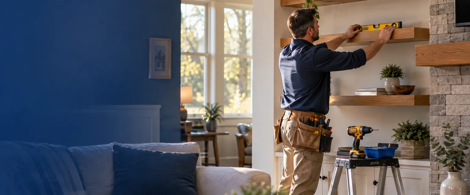 A handyman in a canvas tool belt using a level to hang floating wooden shelves in a sunny craftsman living room, a drill and parts tray on a step stool