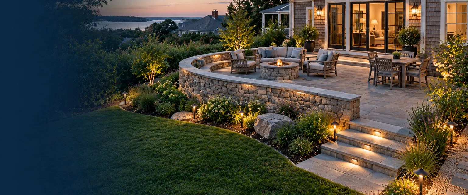 A backyard with a curved stone seat wall around a paver terrace, wide stone steps to the lawn and a gravel side path behind a shingled house