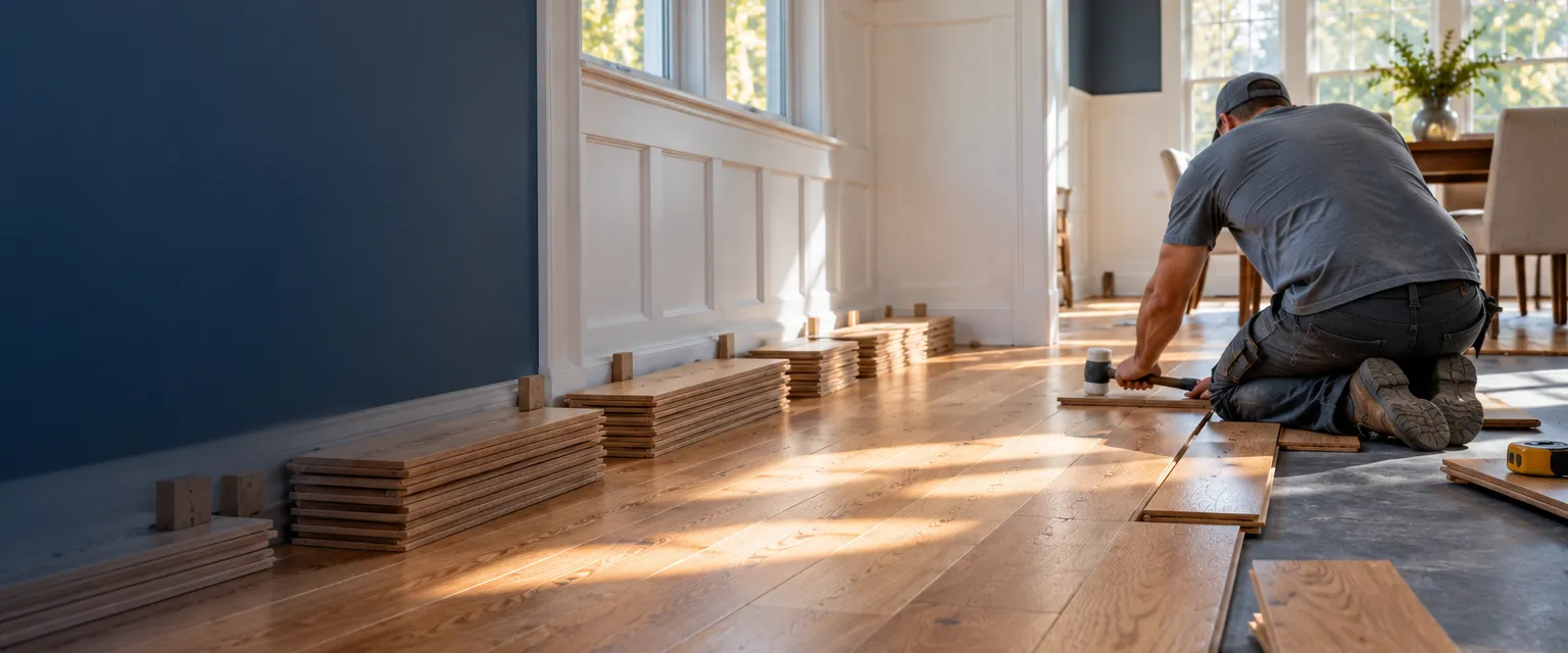 An installer kneeling in a craftsman dining room tapping a row of red oak planks into place, bundles of boards along the wall