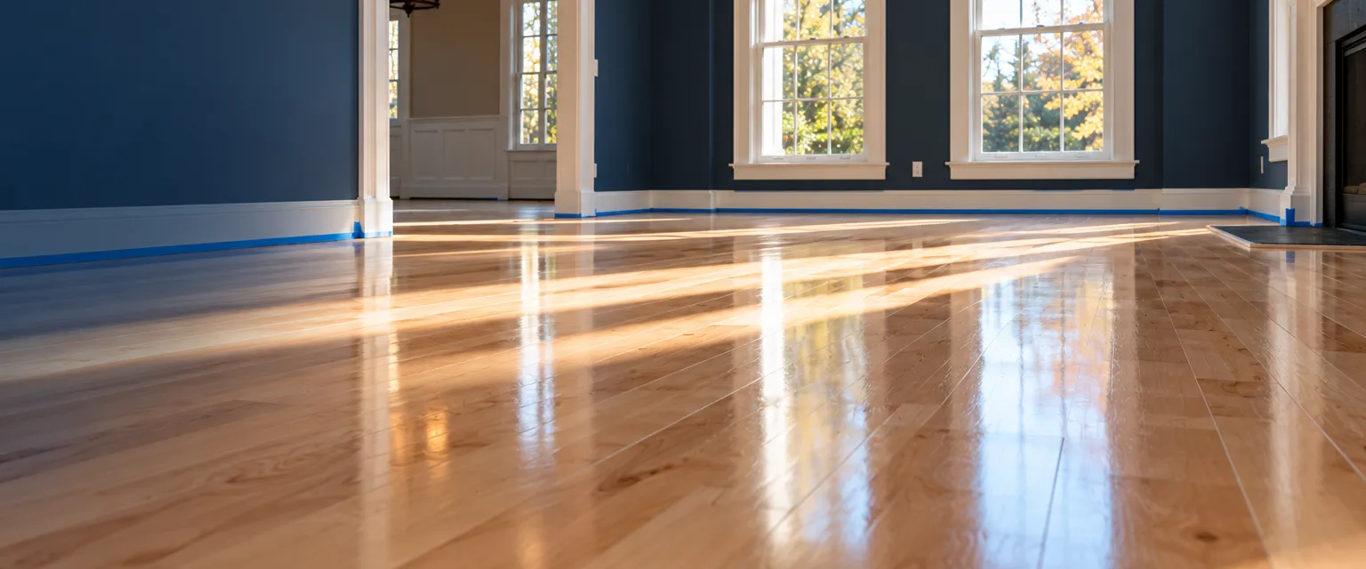 A freshly refinished maple floor in an empty living room, satin finish reflecting the window light, painter's tape on the baseboards