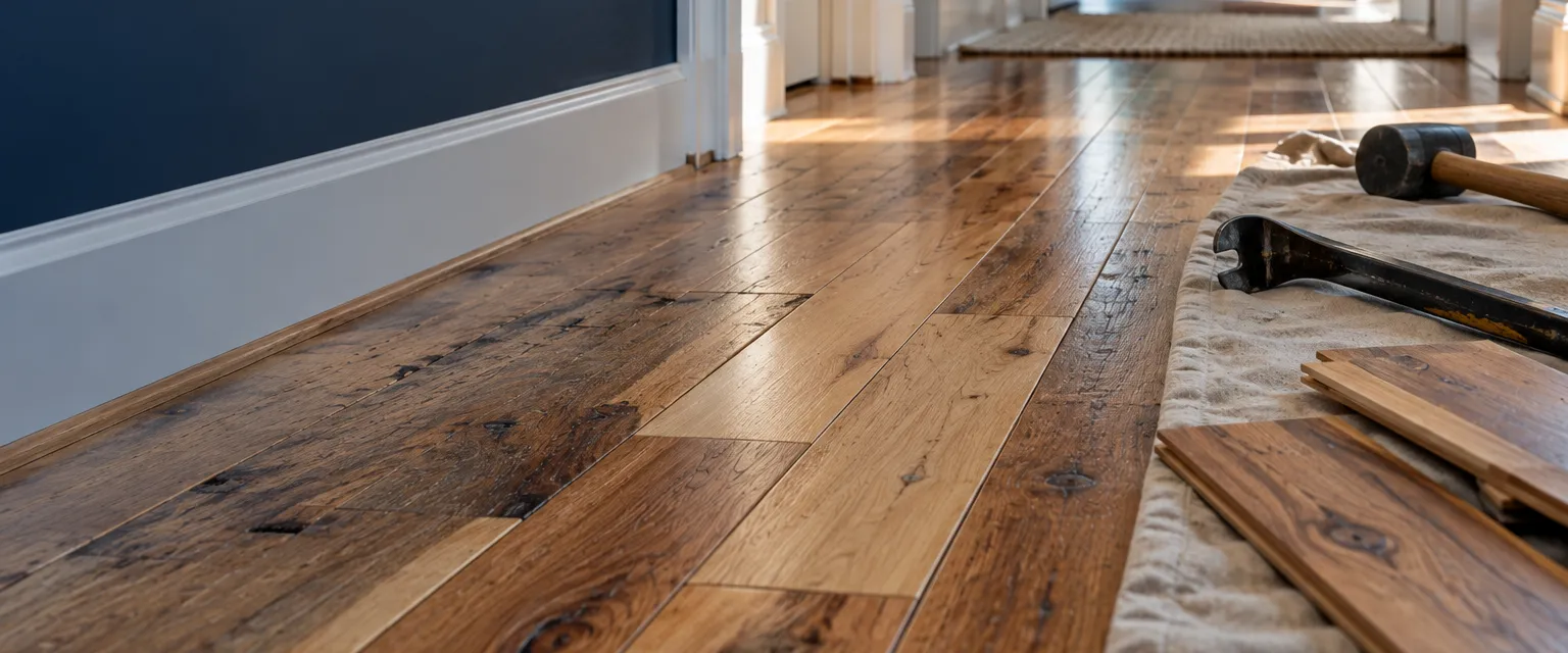A section of weathered hickory floor with several new boards woven in, a pry bar, mallet and offcuts on a drop cloth beside it